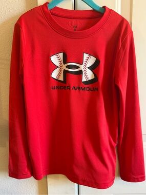 Under Armour Red Long Sleeve Baseball Logo Tee for Kids